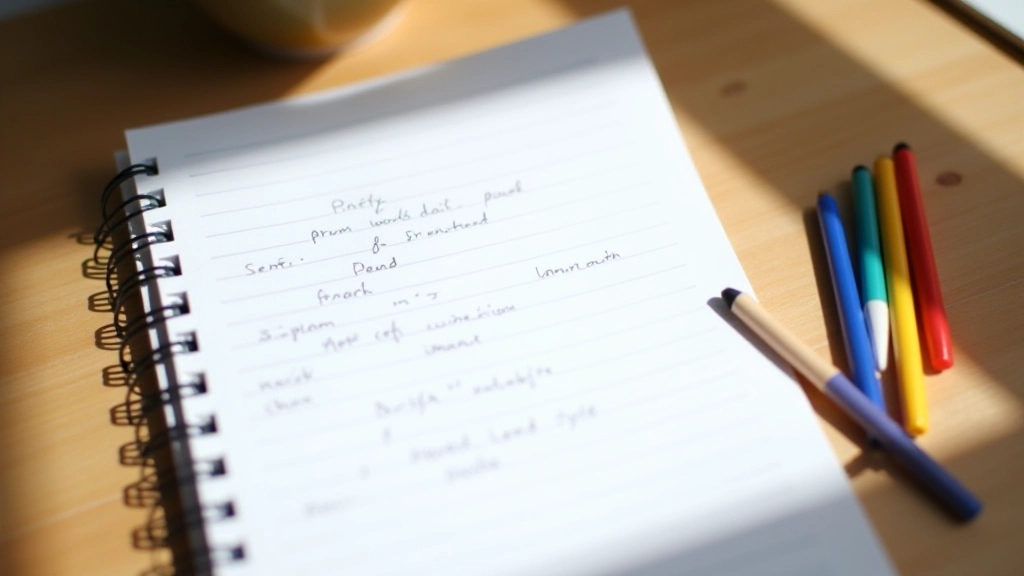 Afbeelding van notitieblok met Nederlandse woorden en grammaticaregels geschreven met kleurrijke pennen