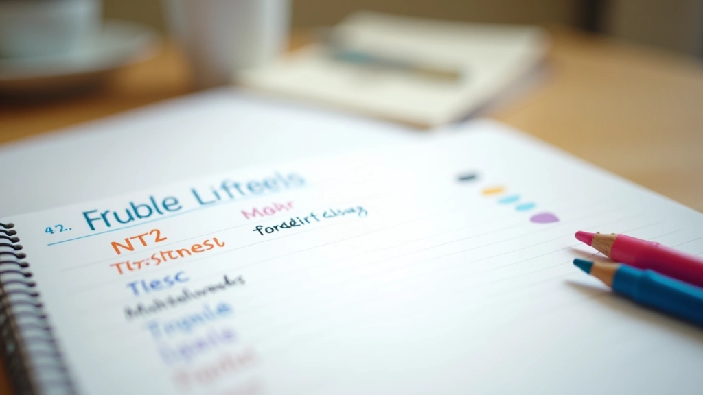 Notitieblok met Vlaamse woordenlijst en Nederlandse equivalenten, gekleurde markeringen, helder licht