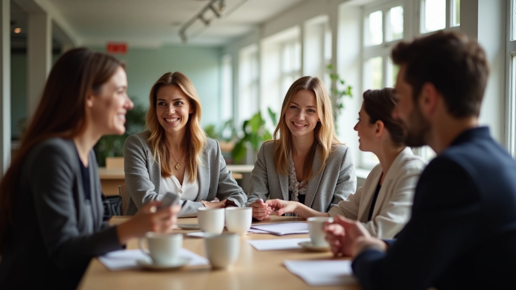 Groep collega's zit samen aan tafel en voert ontspannen gesprek in een kantooromgeving
