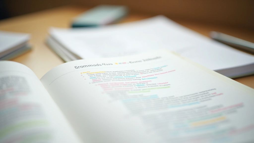 Grammaticaschrift met gekleurde markeringen en Nederlandse woordvolgorde voorbeelden