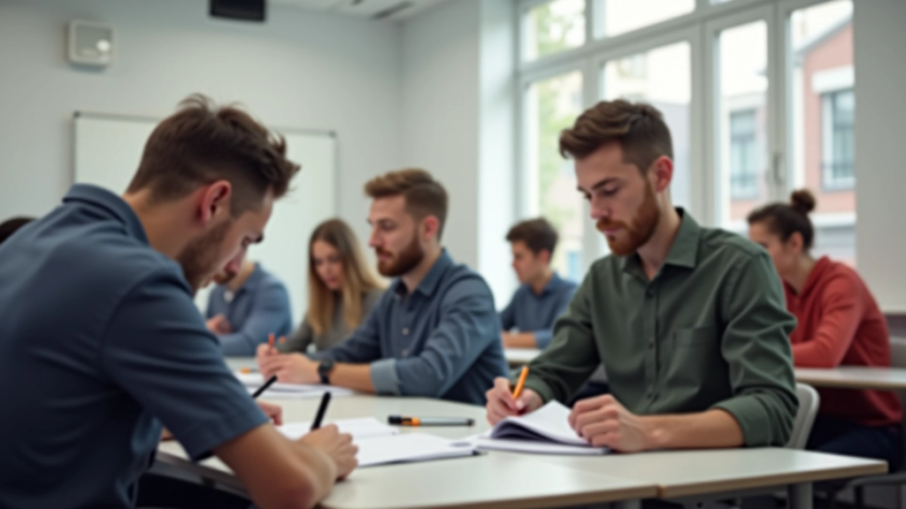Afbeelding van studenten die Nederlands spreken in een klaslokaal met notitieblokken en boeken