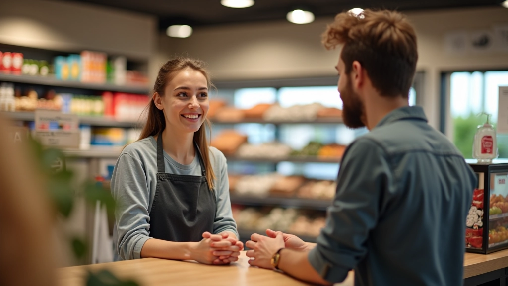 Klant voert vriendelijk gesprek met winkelbediende in een supermarkt