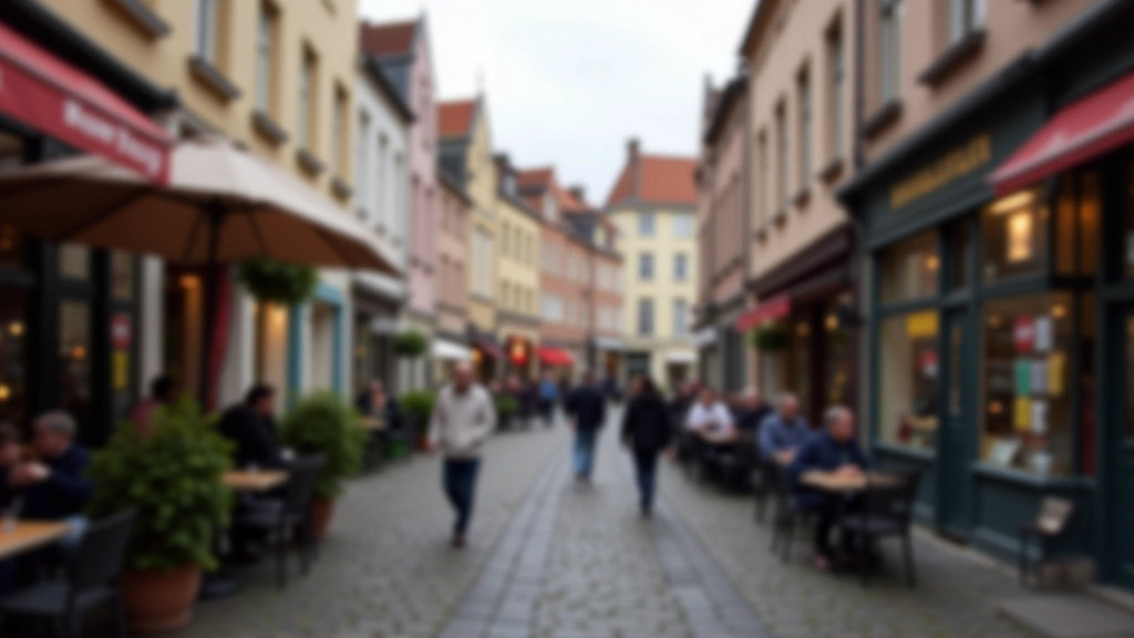 Vlaamse straat met traditionele architectuur en café buiten, typische Vlaamse sfeer, scherpe focus