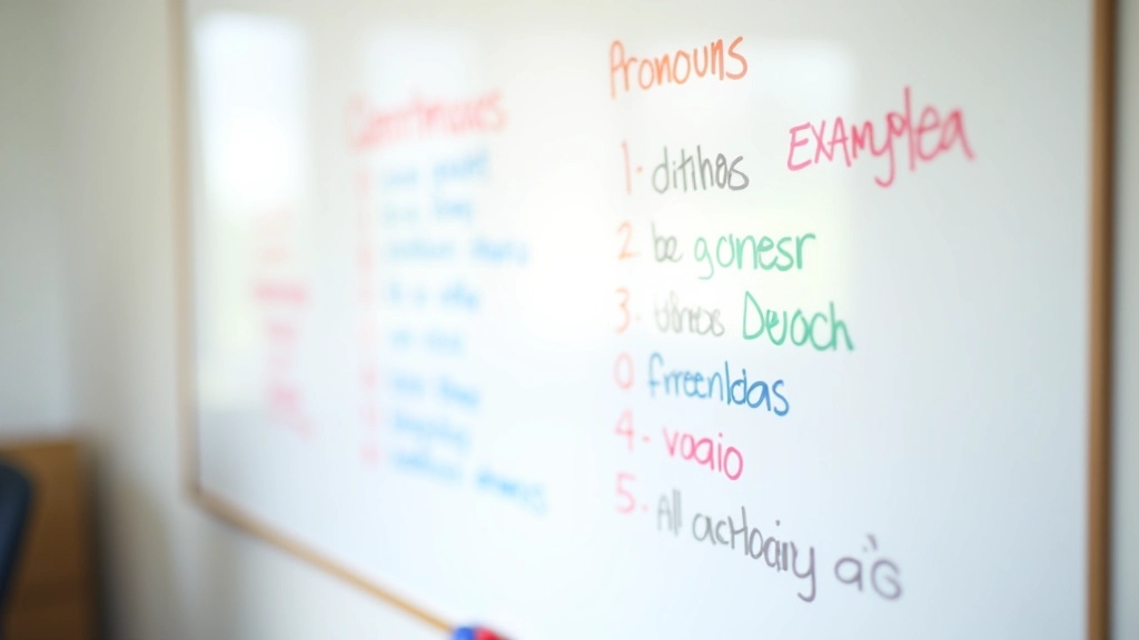 Whiteboard met handgeschreven Nederlandse voornaamwoorden en voorbeelden in verschillende kleuren